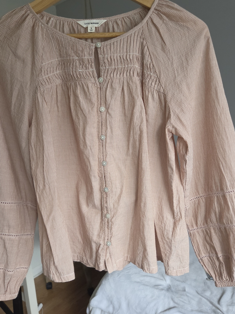 Lucky Brand Blush Pink Striped Button-Front Peasant Top